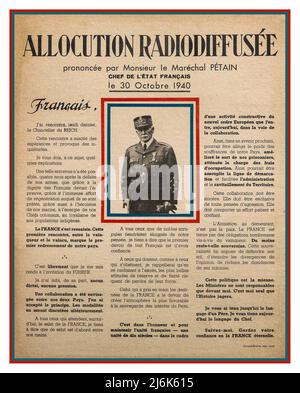 ALLOCATION RADIODIFFUSEE WW2 France Marshall Petain radio Broadcast en France 'affiche allocation radiodiffusee' propagande d'affiche diffusé transcription imprimée du discours du 30 octobre 1940 Banque D'Images