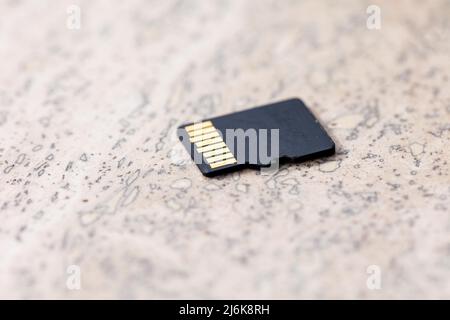 Gros plan sur l'arrière d'une carte micro SD noire, les connecteurs du petit composant électronique de stockage sont visibles. Banque D'Images