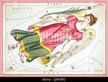 'Virgo' Star Sign Vintage 1800s Lithographie, plaque 21 dans le miroir d'Urania, un ensemble de cartes célestes accompagnées d'un traité familier sur l'astronomie ... par Jehoshaphhat Aspin. Londres. Carte astronomique, 1 impressions sur carton en couches : gravure, couleur main. Date 1825 Banque D'Images