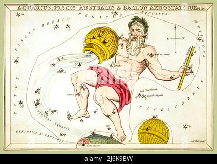 Aquarius, Star Sign 1800s Lithographie Piscis Australis & en:ballon Aerostatique', plaque 26 dans le miroir d'Urania, un ensemble de cartes célestes accompagnées d'un traité familier sur l'astronomie ... par Jehoshaphhat Aspin. Londres. Carte astronomique, 1 impressions sur carton en couches : gravure, couleur main. Sidney Hall - miroir d'Urania - Aquarius, Piscis Australis et ballon Aerostatique Date 1825 Banque D'Images