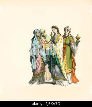 Frankish Noblewomen, France, 10th Century, Illustration, The History of Costume, Braun & Schneider, Munich, Allemagne, 1861-1880 Banque D'Images