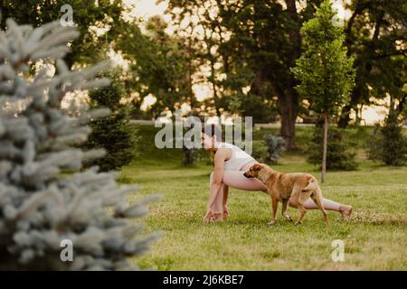 Yoga à l'extérieur au lever du soleil dans le parc public. Jeune femme attrayante pratiquant le yoga, s'étirant dans Utthan Pristhasana exercice, courses de chien à proximité Banque D'Images