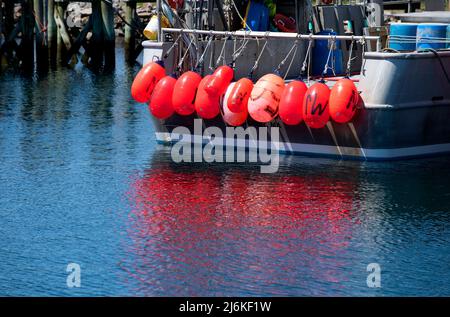 Matériel de pêche coloré (flotteurs) sur la poupe d'un chalutier de pêche sur Cape Cod à la Marina Sandwich, États-Unis. Banque D'Images
