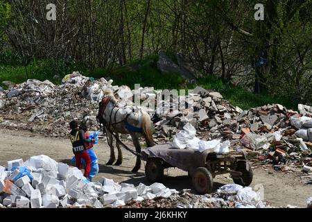 Les Tsiganes (enfants), dans une calèche, transportent les ordures et les déversent illégalement sur la rive de la rivière. Banque D'Images