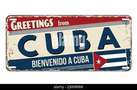 Salutations de Cuba plaque de métal rouillé vintage sur fond blanc, illustration vectorielle Illustration de Vecteur