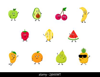 Grand personnage de jeu avec visage drôle. Orange, pomme, banane, cerise, poire, citron, avocat, ananas. Illustration de Vecteur
