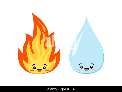 Goutte d'eau et feu flamme mignon personnage emoji isolé sur un fond blanc. Illustration de Vecteur