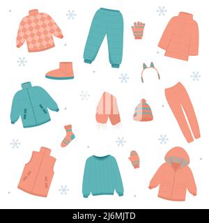 Magnifique ensemble de vêtements d'hiver, un design parfait pour toutes les utilisations. Illustration vectorielle plate. Illustration de Vecteur