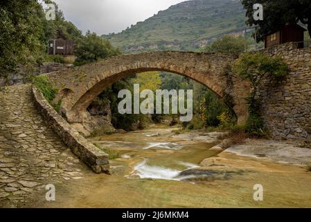 Pont d'accès au sanctuaire Sant Miquel del Fai et cascades en automne (Barcelone, Catalogne, Espagne) ESP: Puente de acceso a Sant Miquel del Fai, BCN Banque D'Images