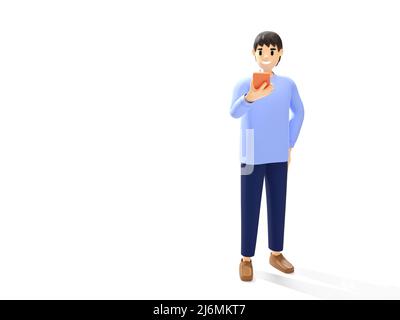 3D homme utilisez un smartphone sur fond blanc, rendu 3D. Banque D'Images