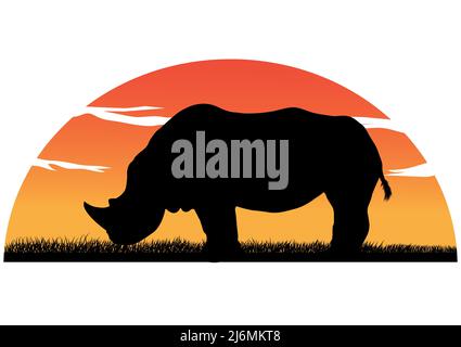 Dessin graphique Silhouette d'un rhinocéros avec illustration vectorielle d'arrière-plan de coucher de soleil arrière-plan blanc isolé Illustration de Vecteur