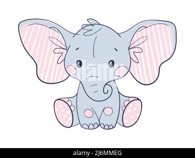 Mignon petit éléphant assis avec de grandes oreilles et le tronc. Personnage plat de dessin animé, jouet ou poupée. Illustration vectorielle isolée sur fond blanc Illustration de Vecteur