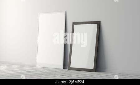 Maquette de cadres verticaux blancs et noirs sur le sol blanc avec un mur blanc. 3d rendu Banque D'Images