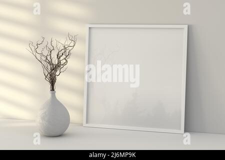Cadre carré blanc maquette sur tablette blanche pour bureau et mur. 3d rendu Banque D'Images
