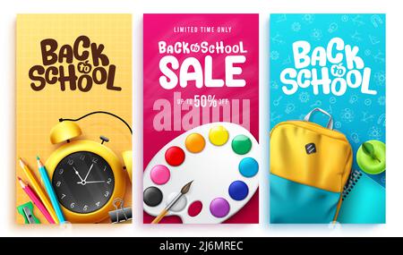 Ensemble d'affiches vectorielles pour la rentrée. Retour à l'école texte de vente avec radio-réveil, peinture et sac à dos article pour les annonces de réduction pour les étudiants Illustration de Vecteur