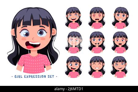 Jeu de caractères vecteur fille étudiante. Les étudiantes expression dans la collection drôle, heureuse et mignonne de réaction faciale isolée en fond blanc. Illustration de Vecteur