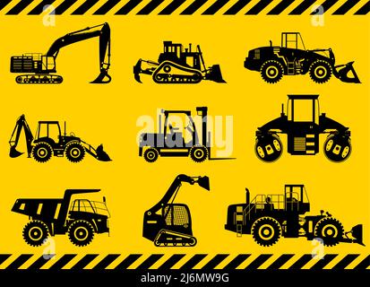 Illustration de la silhouette de l'équipement de construction lourd et de la machinerie minière. Machines de construction. Équipement spécial. Illustration vectorielle. Illustration de Vecteur