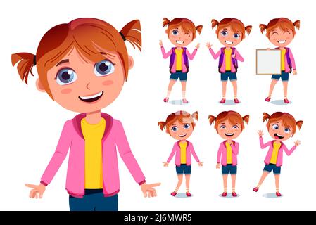 Ensemble de personnages vectoriels pour enfants. Les jeunes filles personnages dans les visages cute et amical avec la pose debout et le geste pour le retour à l'école fille. Illustration de Vecteur