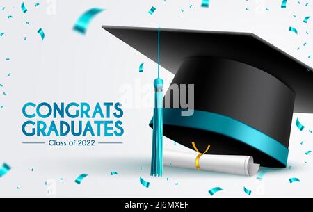 Graduation 2022 motif vectoriel de message d'accueil. Texte des diplômés de Congrats avec 3D mortarboard cap, diplôme et éléments de célébration confetti pour l'université. Illustration de Vecteur