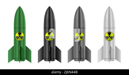 Illustration du vecteur d'arme nucléaire vert, noir, gris et blanc. Ensemble de bombes atomiques isolées sur fond blanc. Illustration de Vecteur