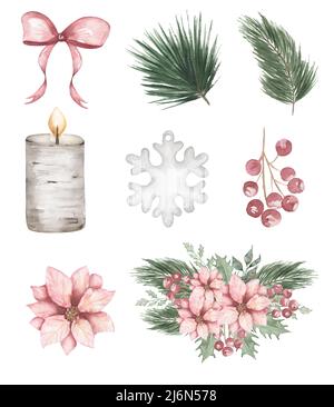 Aquarelle sapin de Noël branche clip art, bougie et fleurs d'hiver ensemble d'illustration, dessin main noeud décoration clipart, illustration d'hiver, coupé Banque D'Images