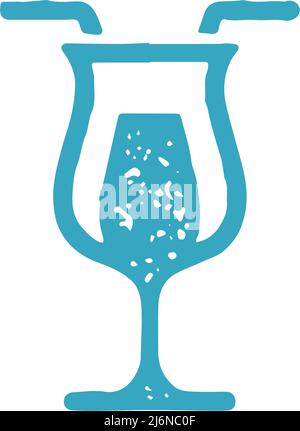 Cocktail d'été élégant pour couple romantique date boisson fraîche dans le gobelet avec deux illustrations de texture grenée bleu paille. Rafraîchissement appétissant c Illustration de Vecteur