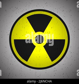 Panneau d'avertissement radioactif sur un fond de mur de grunge. Symbole de vecteur de radioactivité noir et jaune en forme de cercle. Illustration de Vecteur