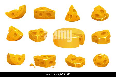 Fromage jaune isolé de dessin animé. Cheddar, suisse, maasdam fromage produit laitier. Bloc vectoriel rond avec pièce de coupe triangulaire, tranche avec trous, production laitière en forme de cube Illustration de Vecteur