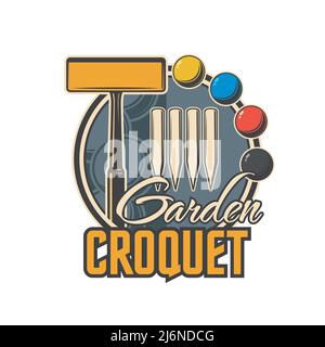 Croquet sport icône de maillet vectoriel, boules et poteaux gagnants. Matériel de jeu de croquet de jardin et articles isolés symbole rétro de club de sport, de compétition sportive ou de tournoi Illustration de Vecteur