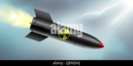 Bombe nucléaire noire volant sur fond de ciel sombre, illustration vectorielle. Illustration de Vecteur
