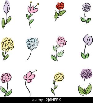 Dessin animé Doodle fleurs sauvages esquisses florales dans Vector Icon Design Illustration de Vecteur