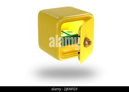 Coffre-fort jaune avec argent et dollars. Icônes du coffre-fort pour la banque. Coffre-fort avec verrou. Protection, concept de sécurité. 3D rendu Banque D'Images