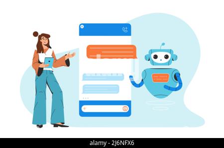Technologie Chatbot. Femme plate discutant et communiquant avec l'intelligence artificielle. Interface smartphone avec icônes de message de dialogue de chat bot à l'écran. Assistant robot ai, assistance client en ligne. Illustration de Vecteur