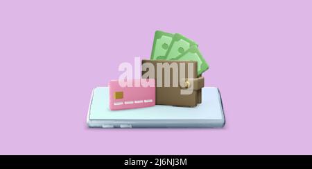 téléphone mobile 3d avec portefeuille avec monnaie papier et carte de crédit. Concept d'application mobile de gestion de l'argent. Illustration vectorielle Illustration de Vecteur