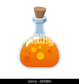 Bouteille magique de verre. Alchimie amour élixir en flacon en verre. Liège et potion orange, vecteur de dessin animé avec des coeurs. Potion rose sorcellerie de sorcière ou Illustration de Vecteur