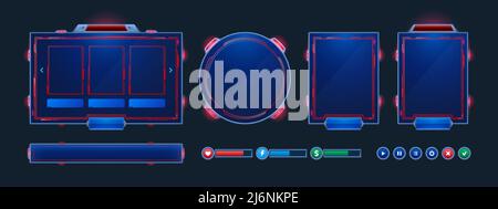 Superposition de flux d'espace, trame d'interface utilisateur de twitch de jeu. Écran de streaming, panneaux du nom d'utilisateur du joueur, menu et boutons. Modèle pour esport, vidéo en direct en ligne, bordures lumineuses de l'interface utilisateur numérique, jeu de vecteurs de dessin animé Illustration de Vecteur