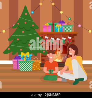 Bonne mère et sa fille assise à côté de l'arbre de Noël. Intérieur de Noël confortable. Présente sous l'arbre Illustration de Vecteur