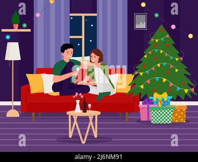 Femme et homme heureux assis à côté de l'arbre de Noël, tenant une tasse de vin. Intérieur de Noël confortable. Présente sous l'arbre Illustration de Vecteur