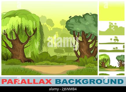 Paysage forestier d'été. Définir pour l'effet de parallaxe. Feuillage dense, arbustes et défrichement au bord. Illustration de la nature. Épaississement léger et brumeux. Vue de Illustration de Vecteur