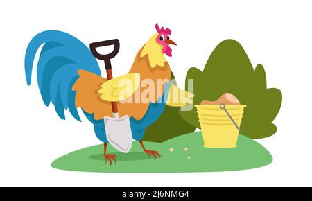 Coq avec pelle et godet. Animal de ferme de style dessin animé. Illustration de Vecteur