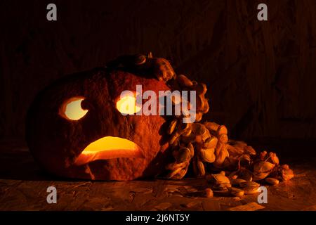 Vomissements amusants, citrouille d'halloween sculptée. Banque D'Images
