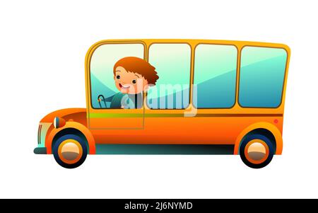Autobus scolaire jaune. Transport de passagers. Illustration de style dessin animé. Mignonne. Isolé sur fond blanc. Vecteur. Illustration de Vecteur