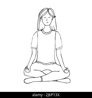 Une jeune fille est engagée dans le Hatha yoga. Position Lotus. Relaxation.gymnastique, style de vie sain. Style Doodle. Illustration vectorielle noir et blanc. Ha Illustration de Vecteur