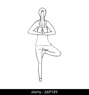 Une jeune fille pratique le Hatha yoga. Namaste. Les mains derrière le dos. Culture indienne. Gymnastique, mode de vie sain. Style Doodle. Vecto noir et blanc Illustration de Vecteur