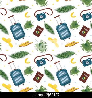 Motif sans couture avec feuilles tropicales, monstère, valise, tongs, passeport.style plat.motif sur le thème du voyage sur fond blanc. Couleur Illustration de Vecteur