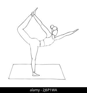 Une jeune fille est engagée dans le Hatha yoga. L'arc debout tirant pose. Dhanurasana. Gymnastique ancienne, style de vie sain. Style Doodle. Noir-blanc ve Illustration de Vecteur