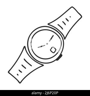 Une montre-bracelet de style Doodle. Symbole de temps, de hâte et d'état. Dessiné à la main et isolé sur un fond blanc. Illustration vectorielle noir et blanc Illustration de Vecteur