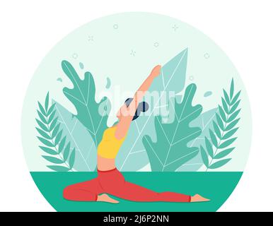 Une fille fait du yoga dans le parc. Le concept du yoga en plein air. La pratique du yoga dans la nature. Style plat. Un style de vie sain. Une caricature féminine Illustration de Vecteur