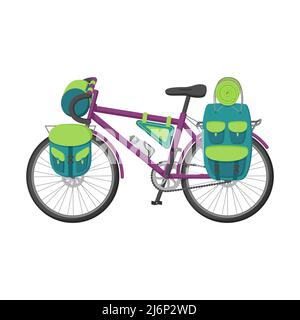 Le vélo est équipé pour les randonnées pédestres, les voyages et les randonnées à vélo. Illustration vectorielle plate d'une moto avec des sacs à dos sur le coffre et le volant. Conce Illustration de Vecteur