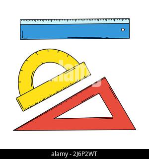 Un ensemble de lignes scolaires. Règle, coin et rapporteur. Fournitures de bureau pour les travaux de dessin. Fournitures scolaires. Illustration à vecteur de couleur. Style Doodle. Main Illustration de Vecteur